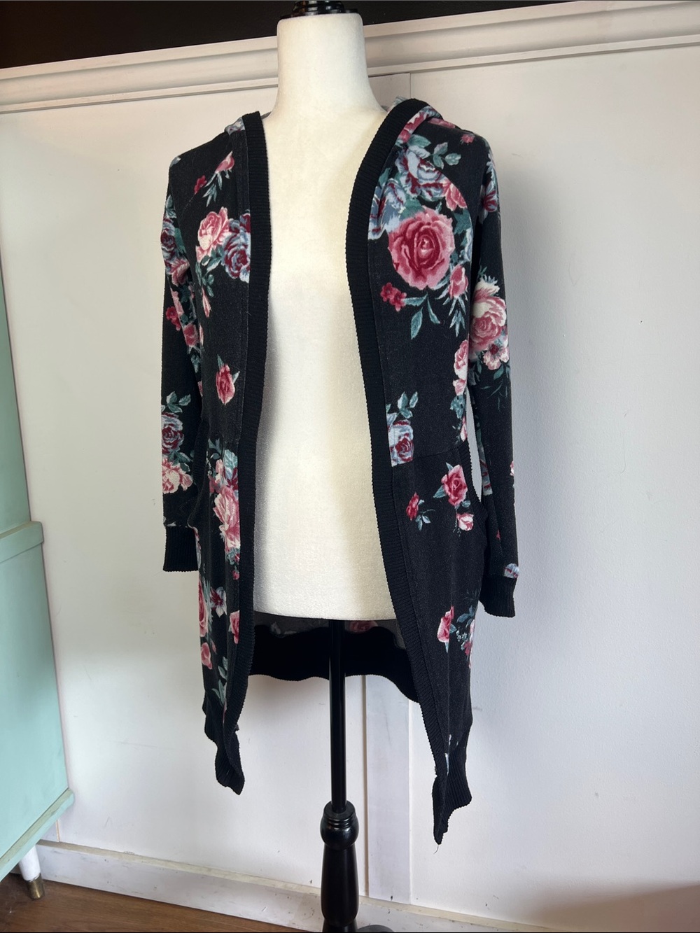 Floral Open-Front Black Cardigan Hooded Sweater